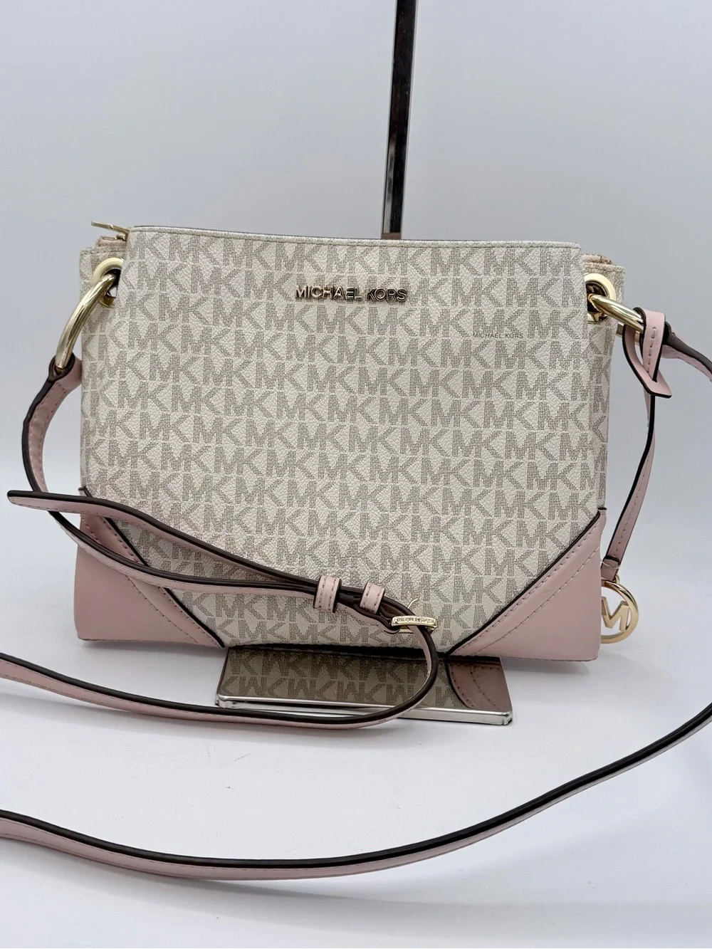 Michael Kors Nicole Large Logo Crossbody Bag Vanilla MK Signature Blush Pink